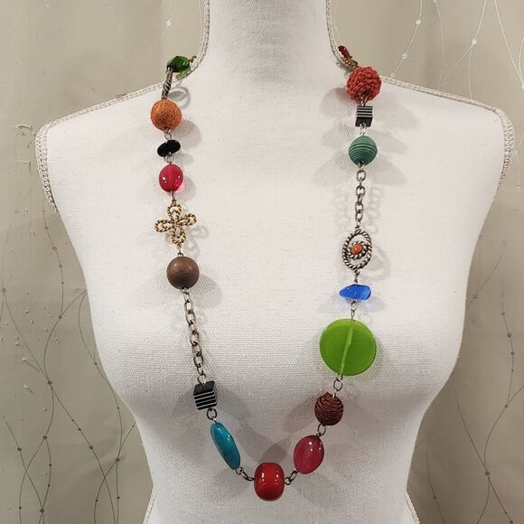 Chico's Necklace‎ Multi-Colored Mixed Media Beaded Chain 34" - Picture 1 of 8